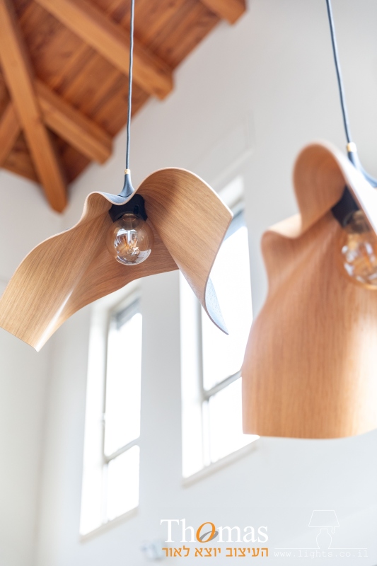 מנורות תלויות דקורטיביות במראה עץ בחלל עם תקרה גבוהה